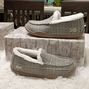 New KURU Loft Women's Gray Plaid Slippers White Faux Fur Lining Arch Supportive